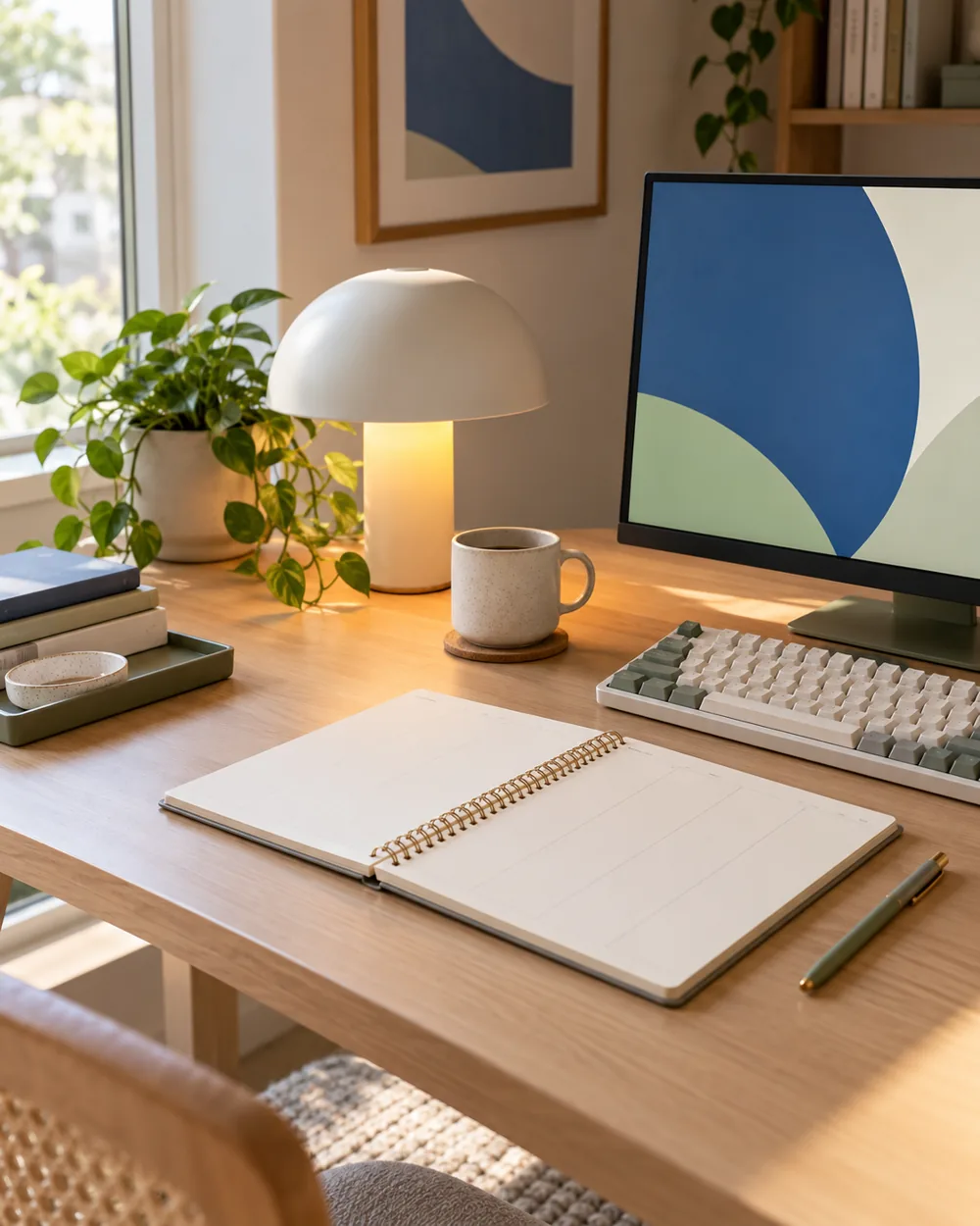 blank weekly notebook beside plain lamp and keyboard