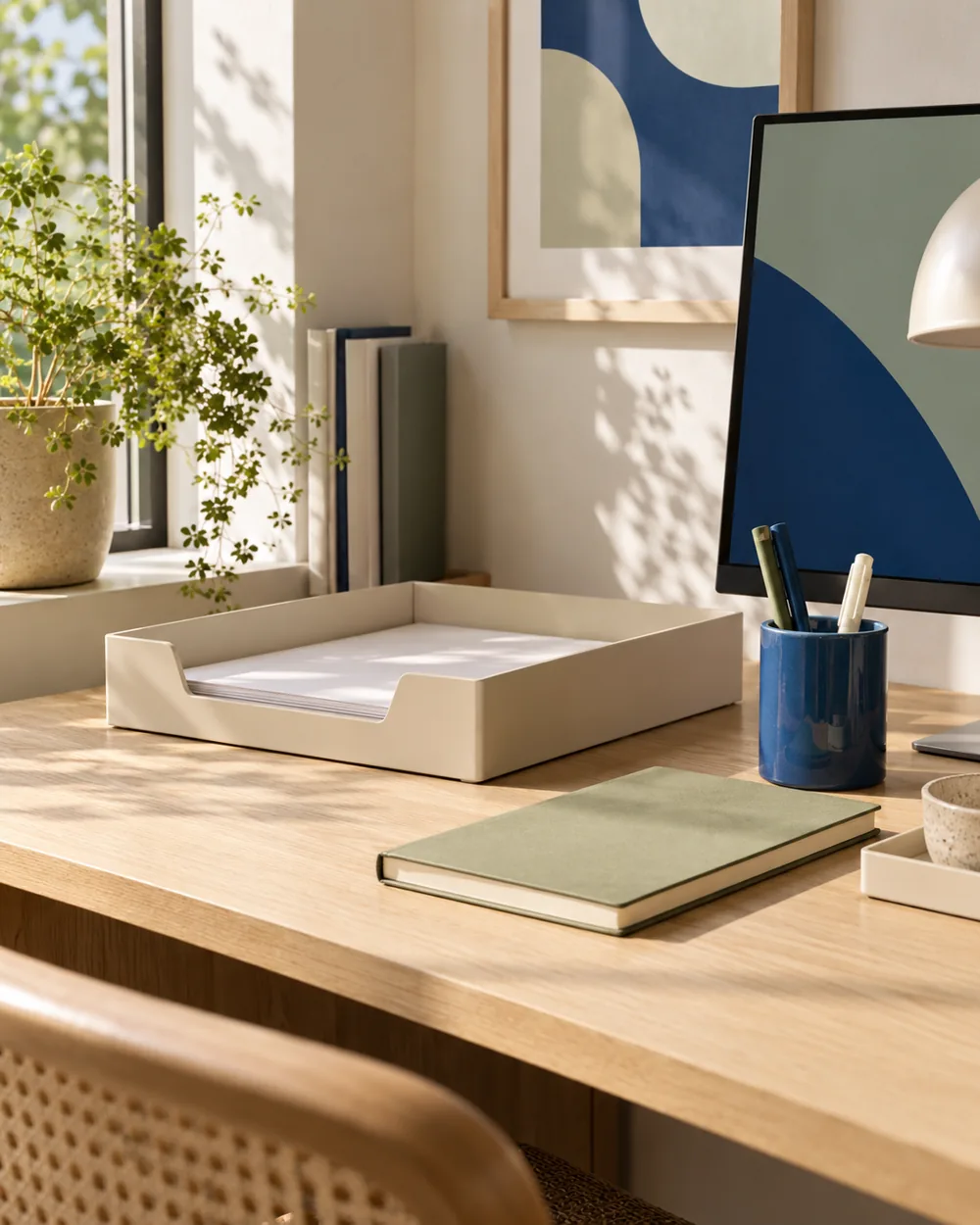 shallow paper tray with few blank sheets and plain notebook