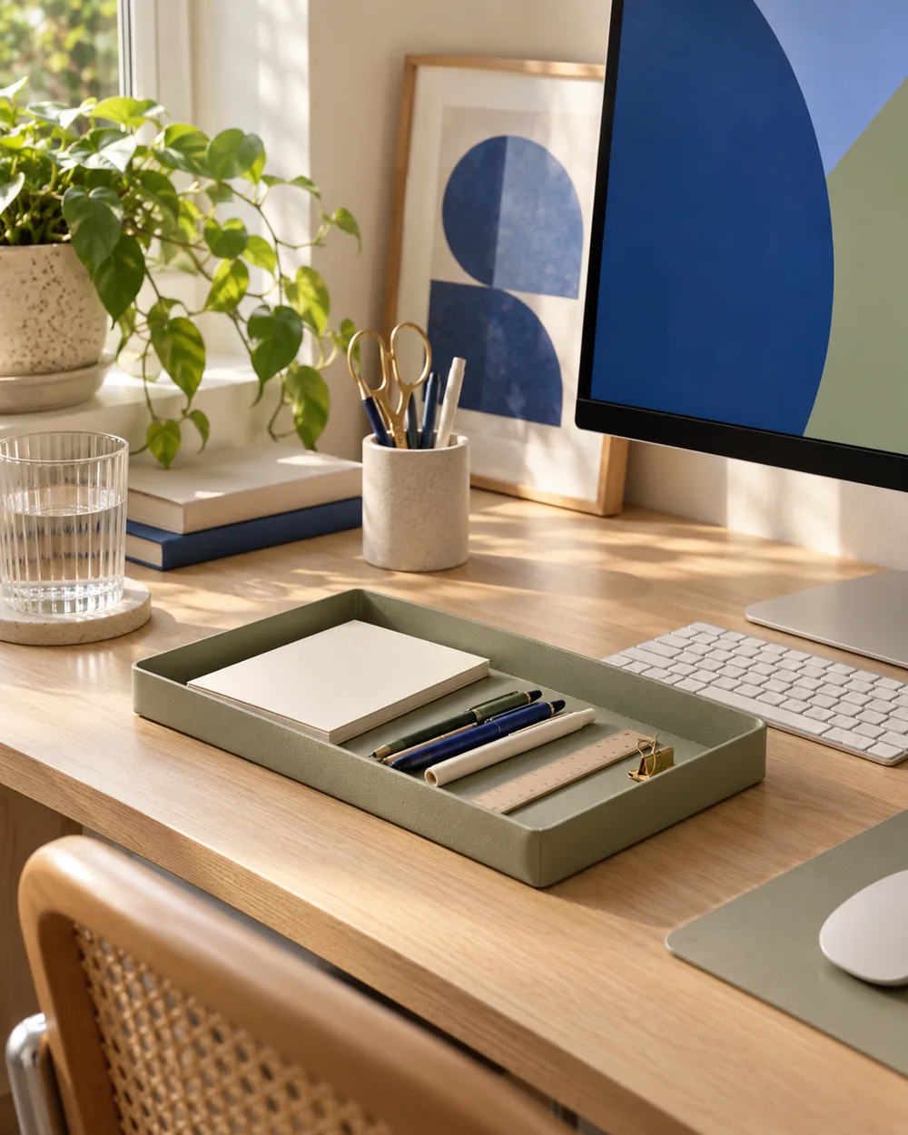 shallow desk tray with capped pens plain ruler and small notebook