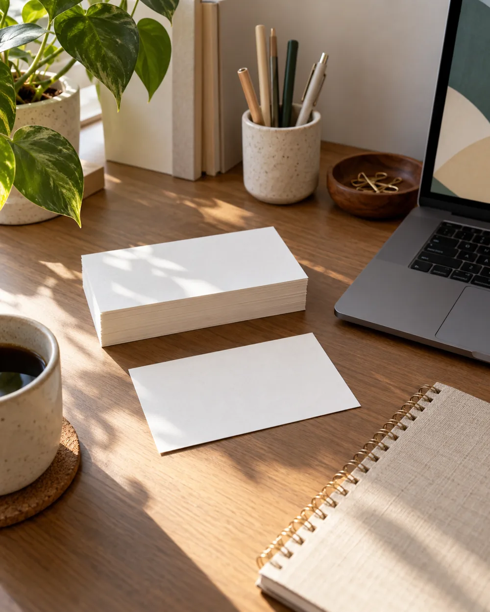 blank reference cards beside real plain desk accessories and notebook