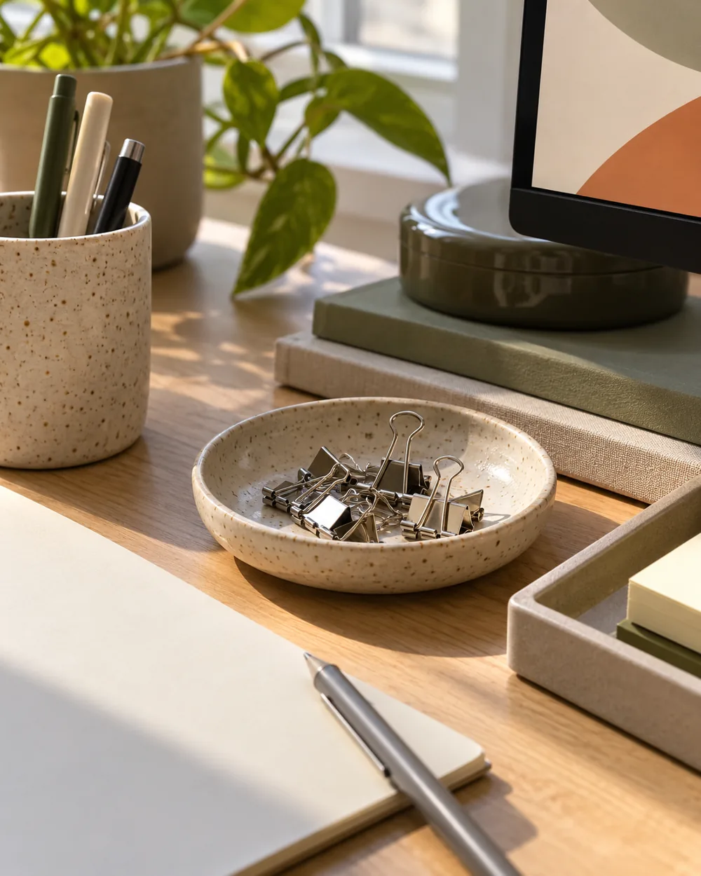 small plain metal binder clips in shallow ceramic dish on desk