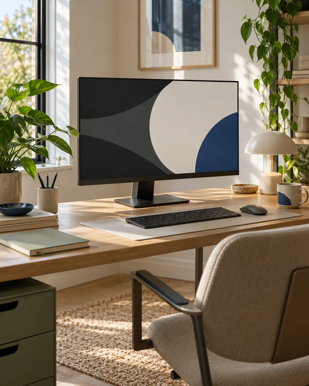 plain monitor displaying dark charcoal geometric frame and neutral center, no text