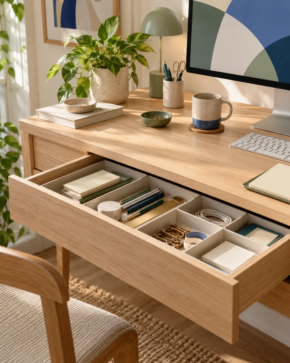 open shallow desk drawer with removable plain compartments