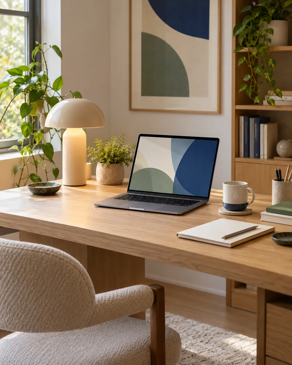 plain desk with warm neutral lamp and realistic natural colors