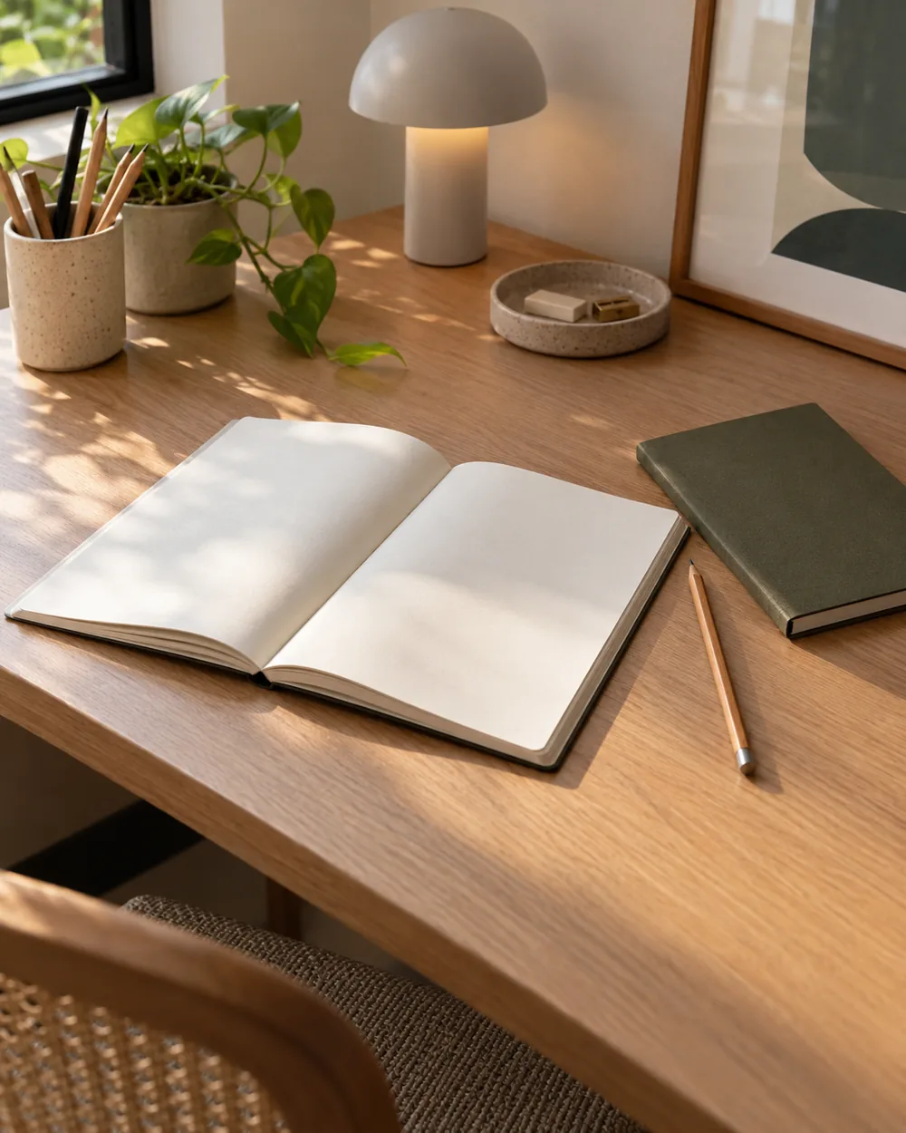 open blank book closed notebook pencil on clear desk