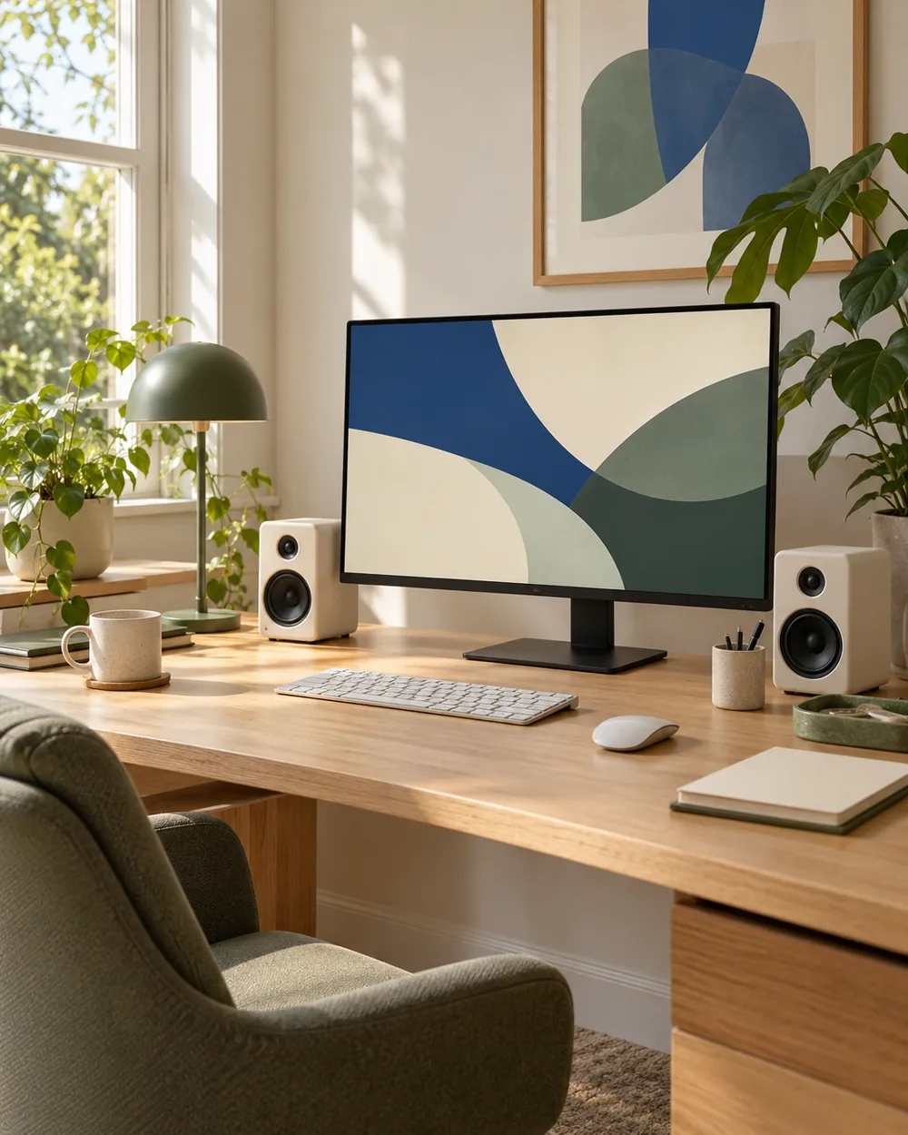 two small plain speakers beside monitor with abstract screen, no media text