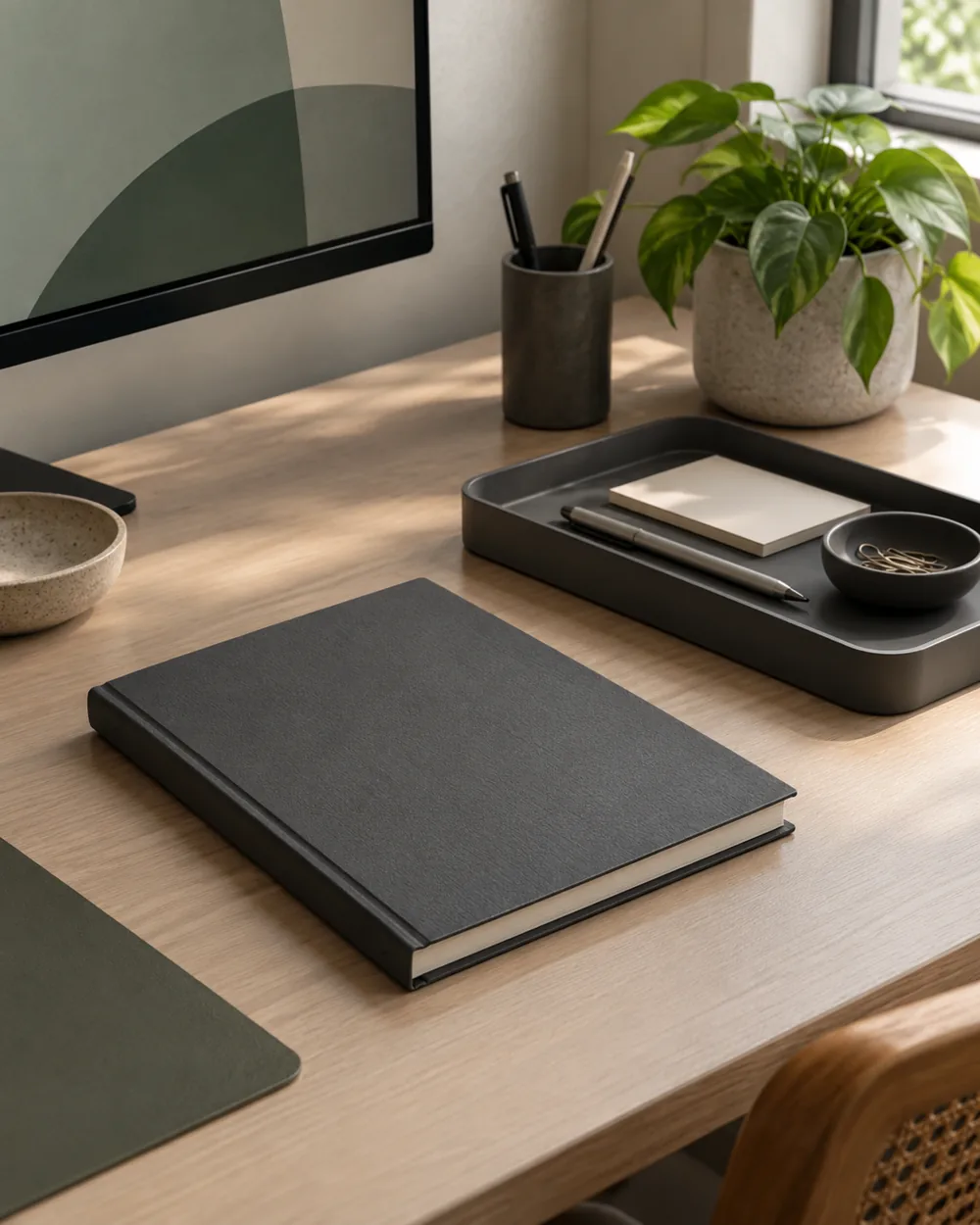 plain charcoal keyboard gray closed notebook and matte tray on simple desk