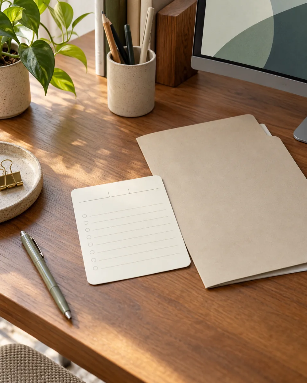 blank dated-note card shape beside plain paper folder, no readable text