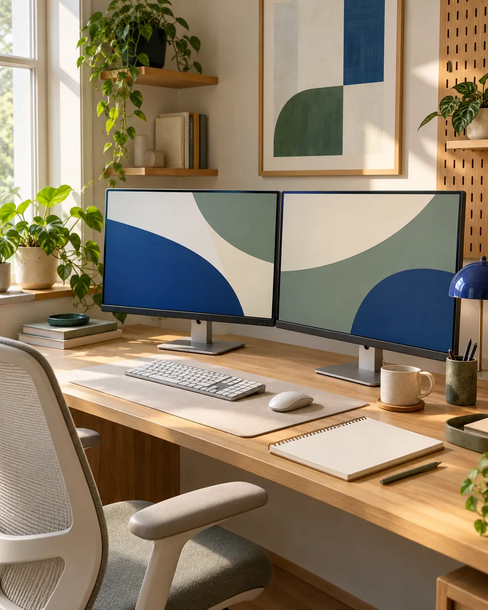 two plain monitors with abstract matching backgrounds beside blank grid notebook