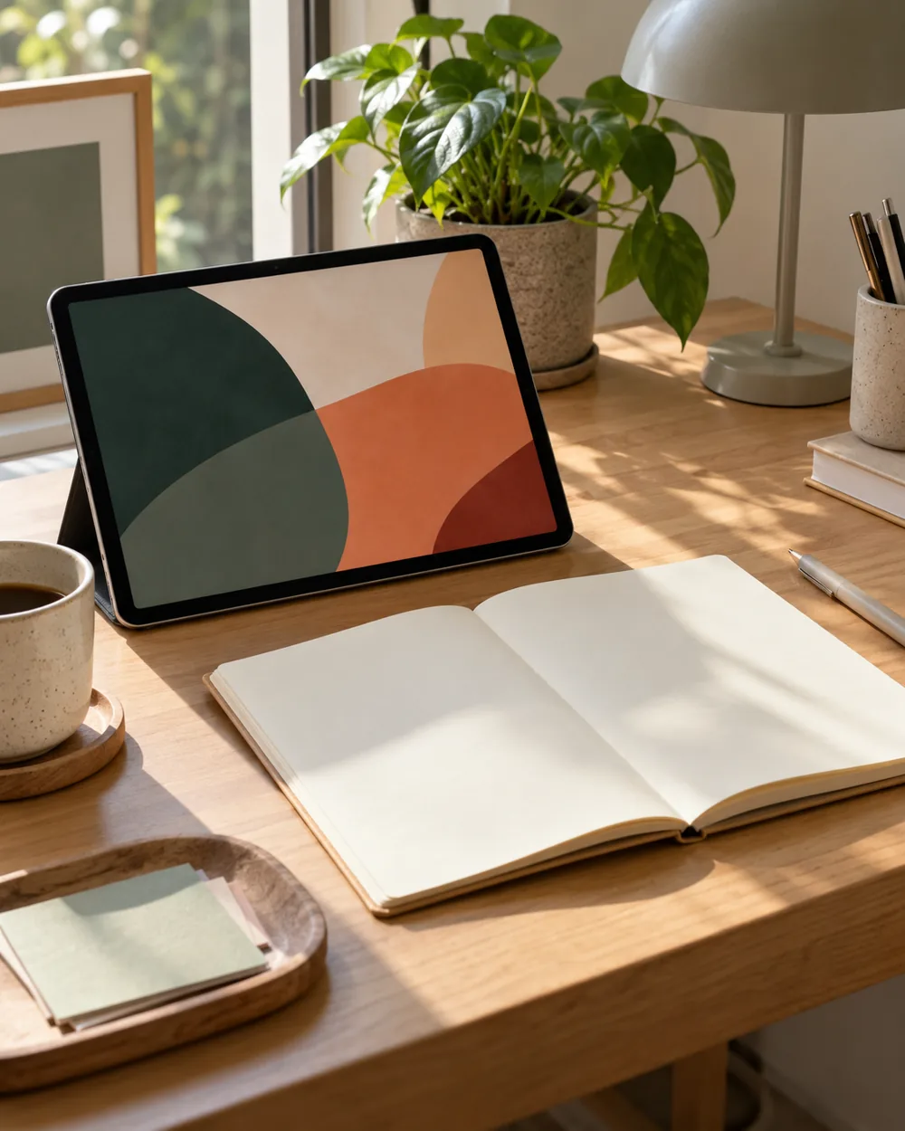 plain tablet showing abstract colors beside blank notebook on desk