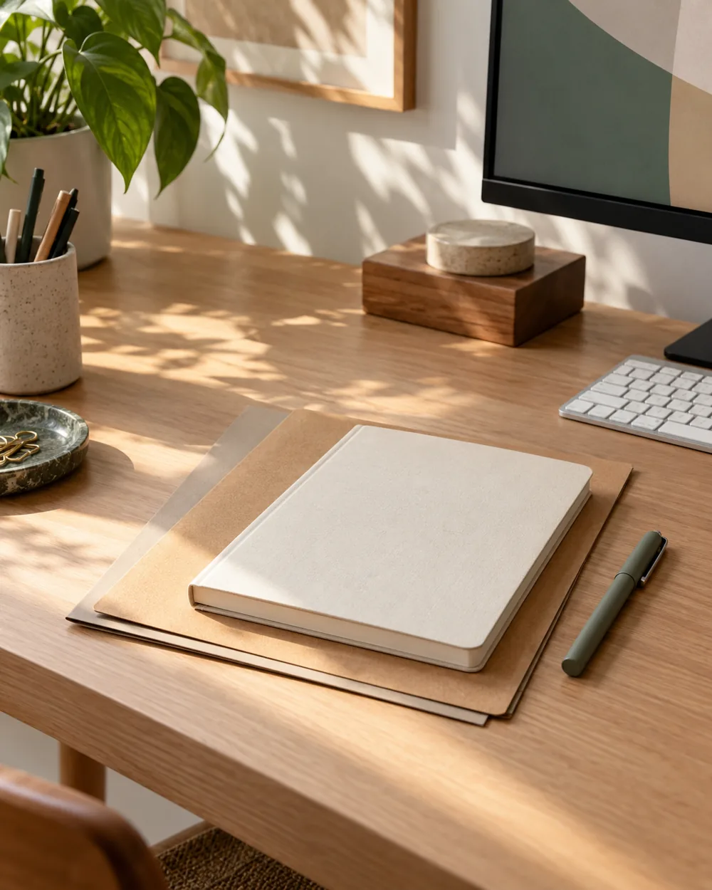 blank folders notebook and capped pen grouped on clear desk
