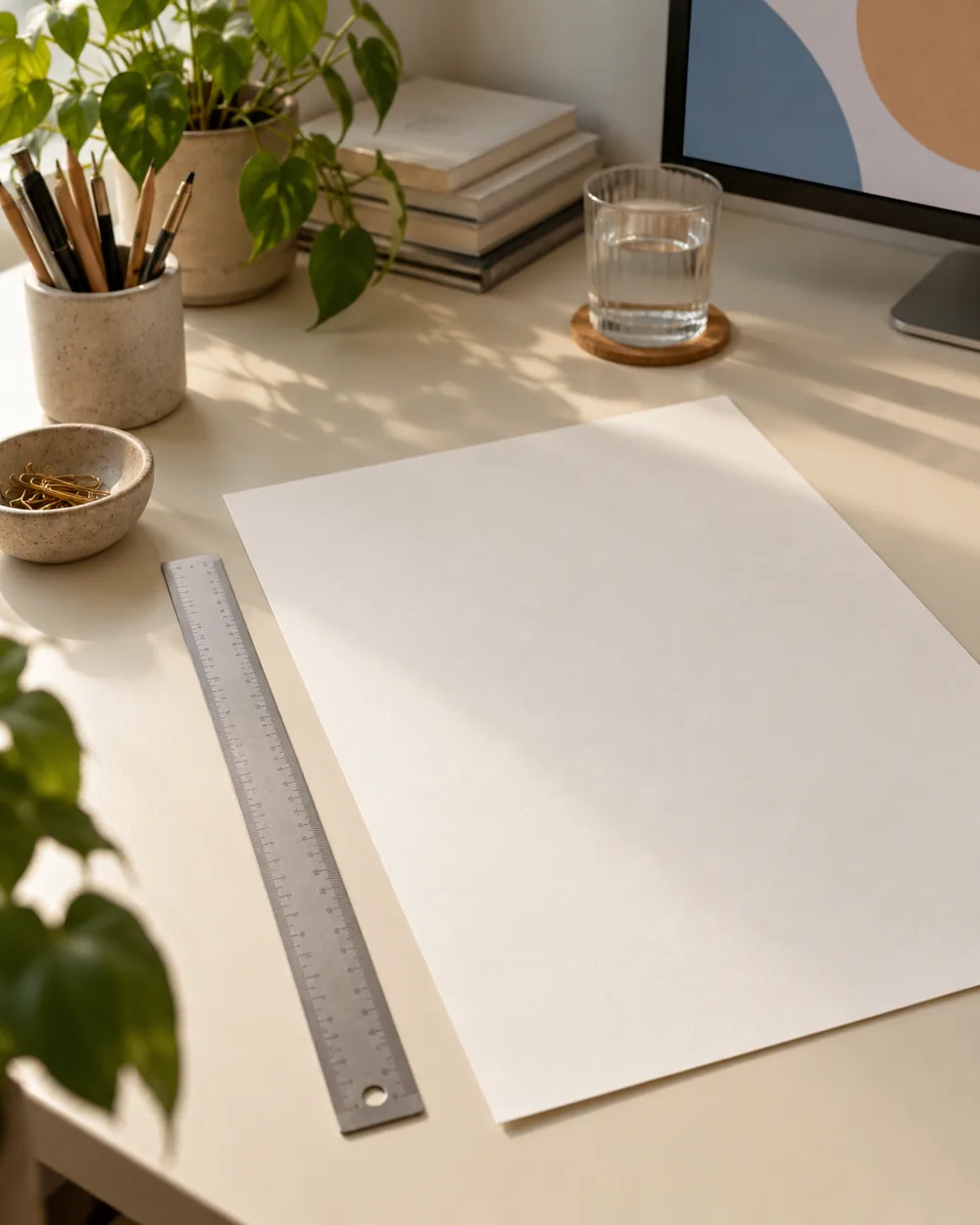 unbranded ruler beside large blank sheet on ivory desk