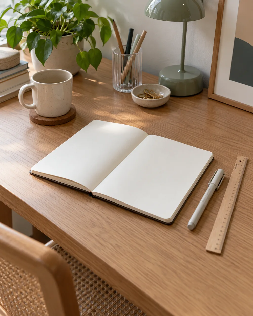 open blank notebook with plain ruler and capped pen on clear desk