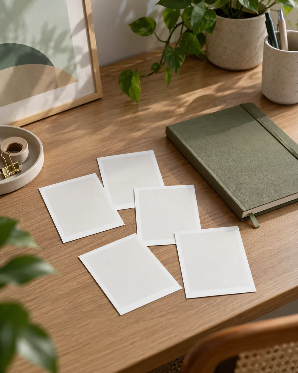 five blank neutral photo cards grouped beside closed notebook