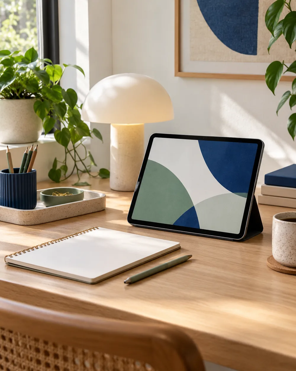 plain tablet abstract screen beside blank paper notebook on desk