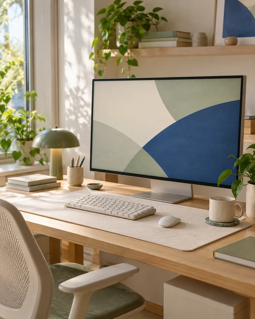 oak desk with ivory fabric mat, plain keyboard and monitor