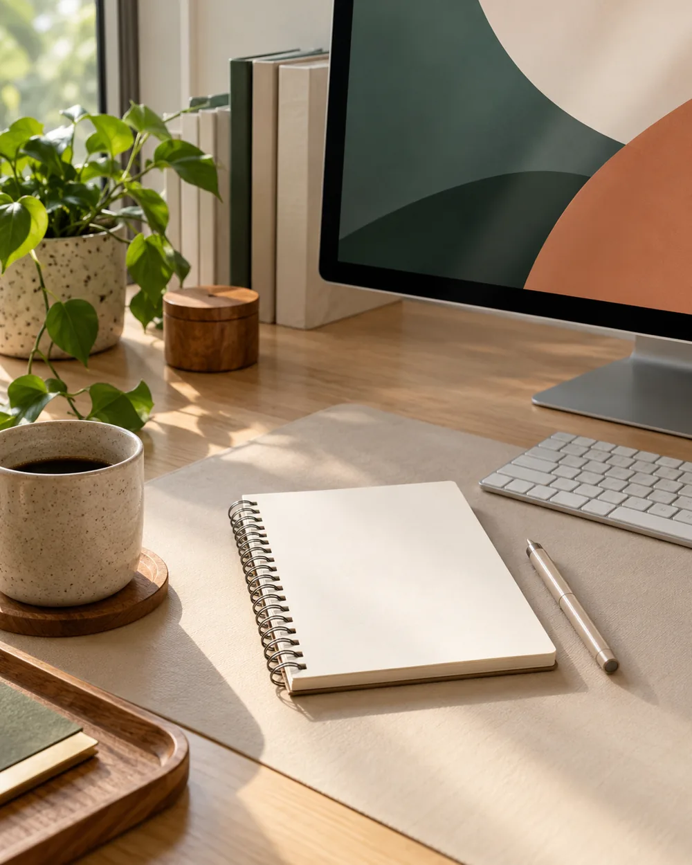 blank list notebook beside monitor showing abstract nonfigurative screen