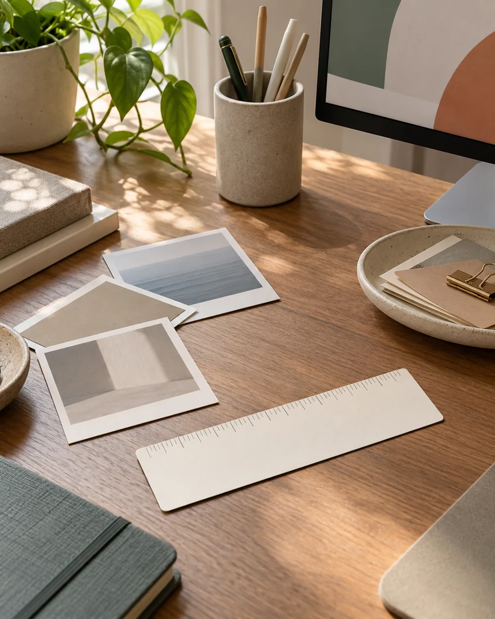 plain ruler blank measurement card and neutral photo cards on desk