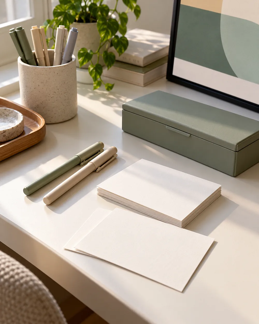 plain capped pens blank cards and closed supply box on clean desk