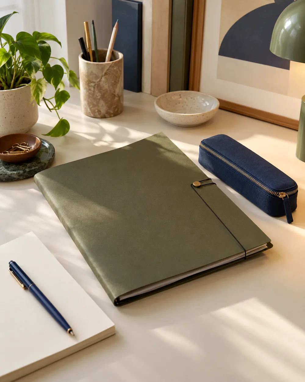 olive folder and ink blue pen case on warm ivory desk