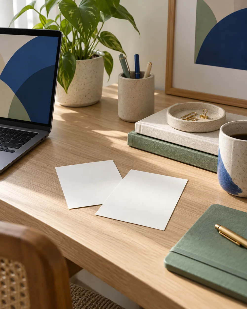 two blank photo cards beside neat neutral desk accessories