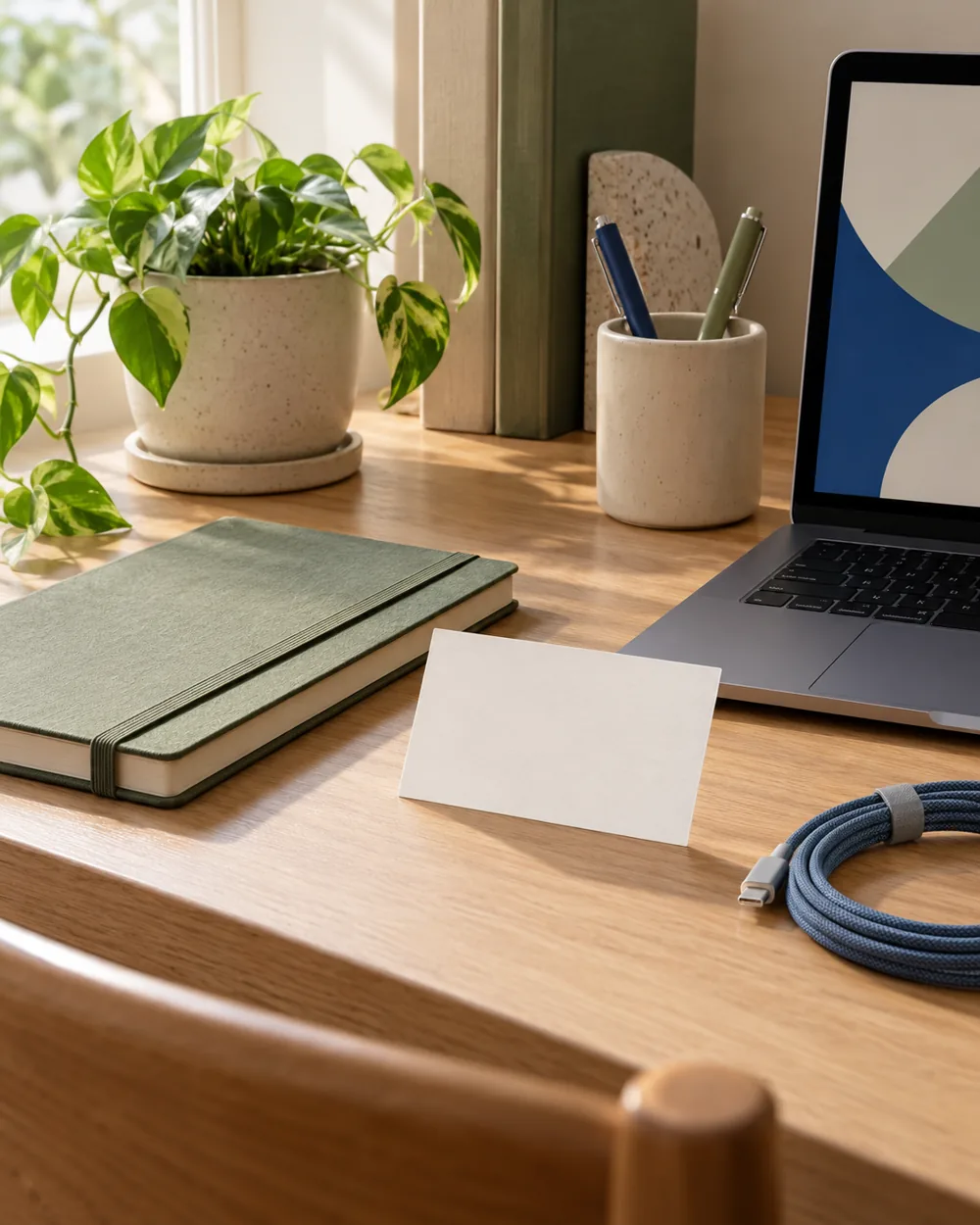plain borrowed-item card beside closed notebook and generic cable