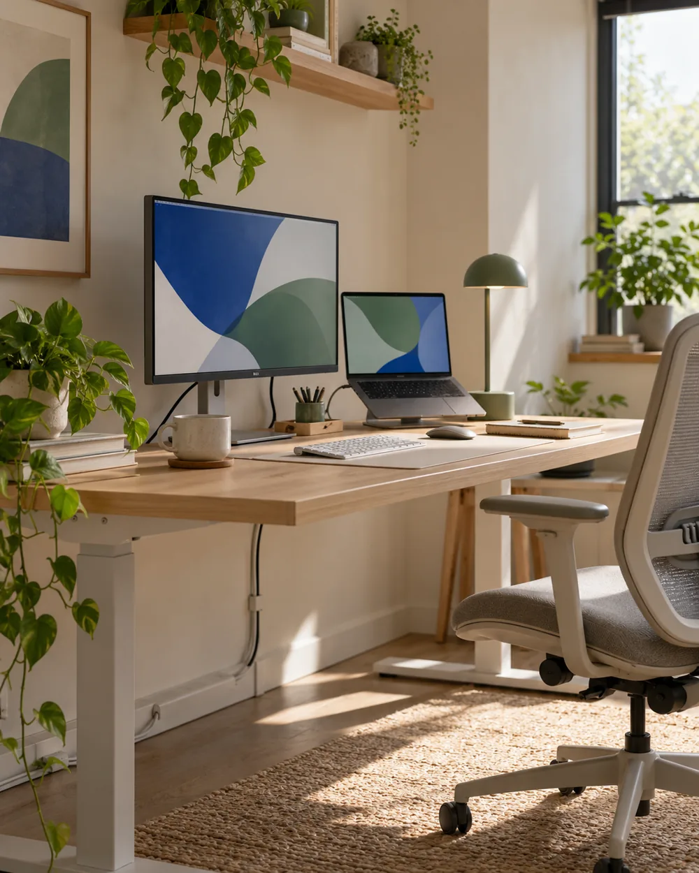 plain desk side view with ordinary visible cable path, no people