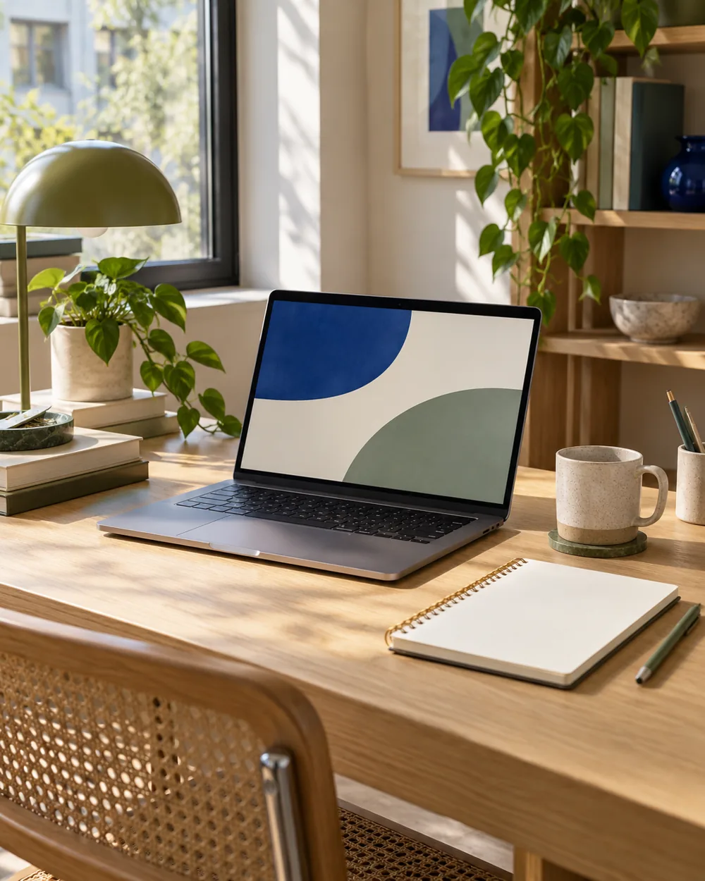 plain laptop on stable clear desk beside blank instruction notebook