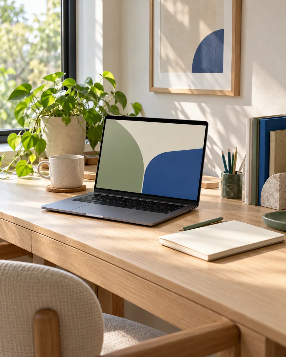 plain laptop with simple abstract folder-like blocks without text on screen