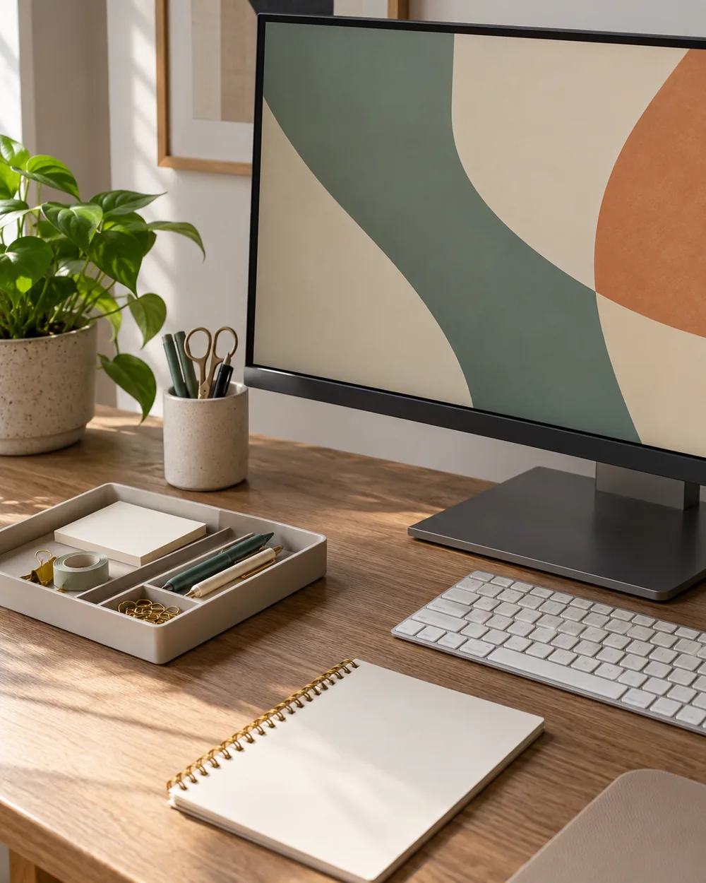 plain monitor with abstract screen beside shallow movable stationery tray