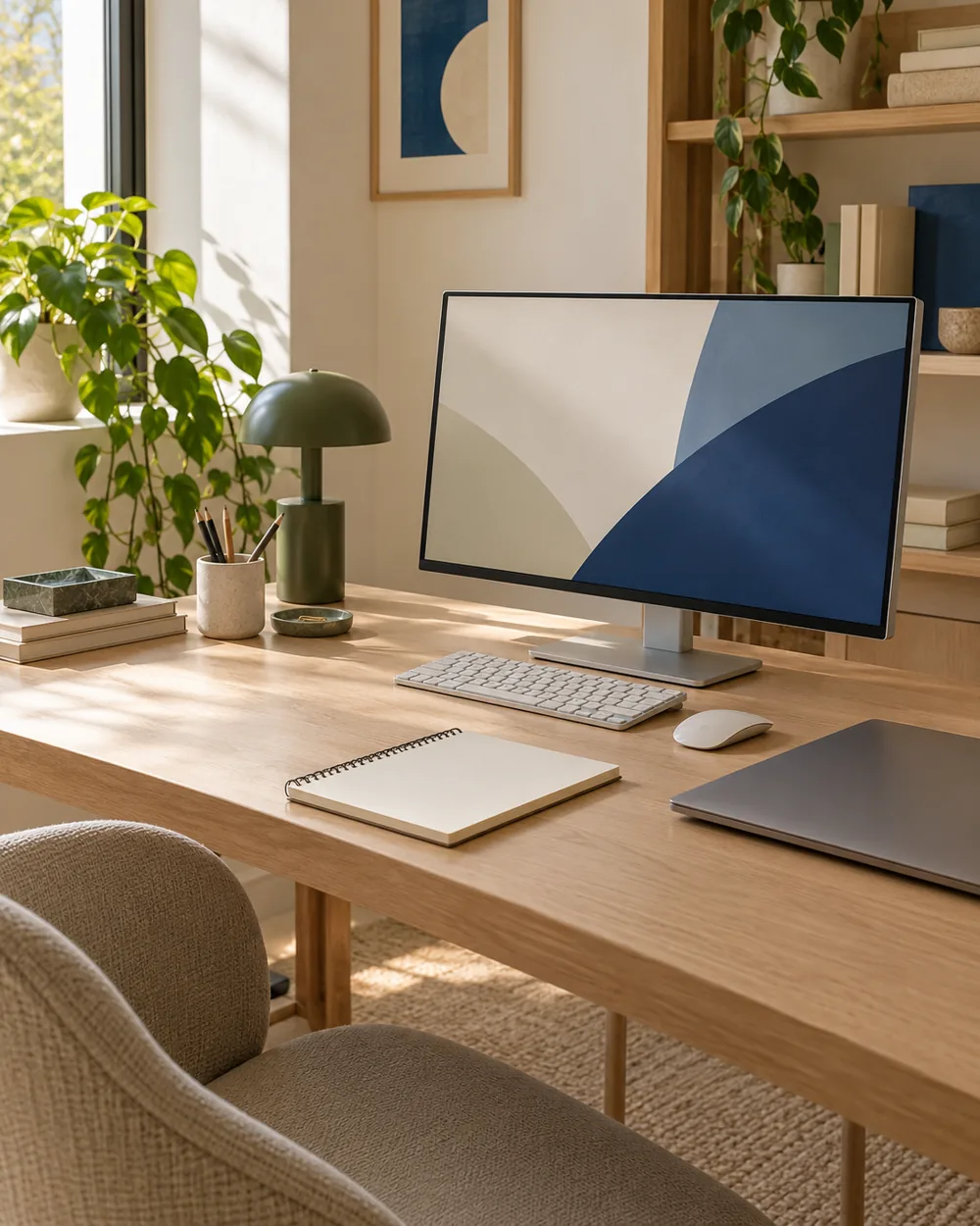 clear dry desk with plain keyboard notebook and closed devices, no drinks