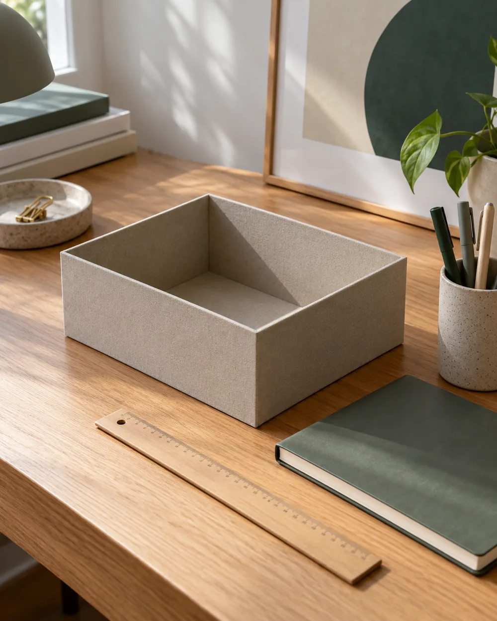 empty plain storage box beside closed notebook and ruler on desk