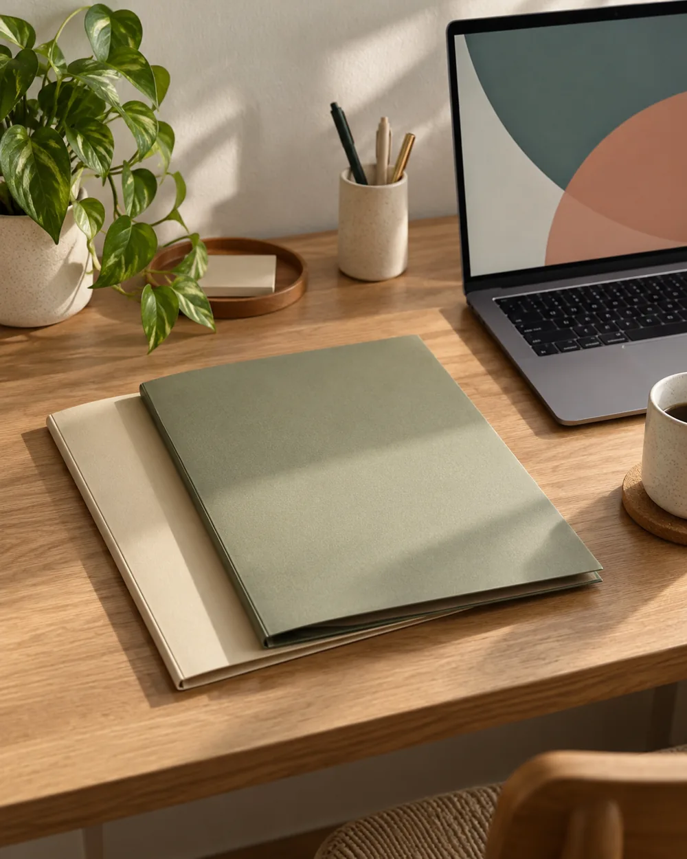two plain closed folders beside laptop abstract screen