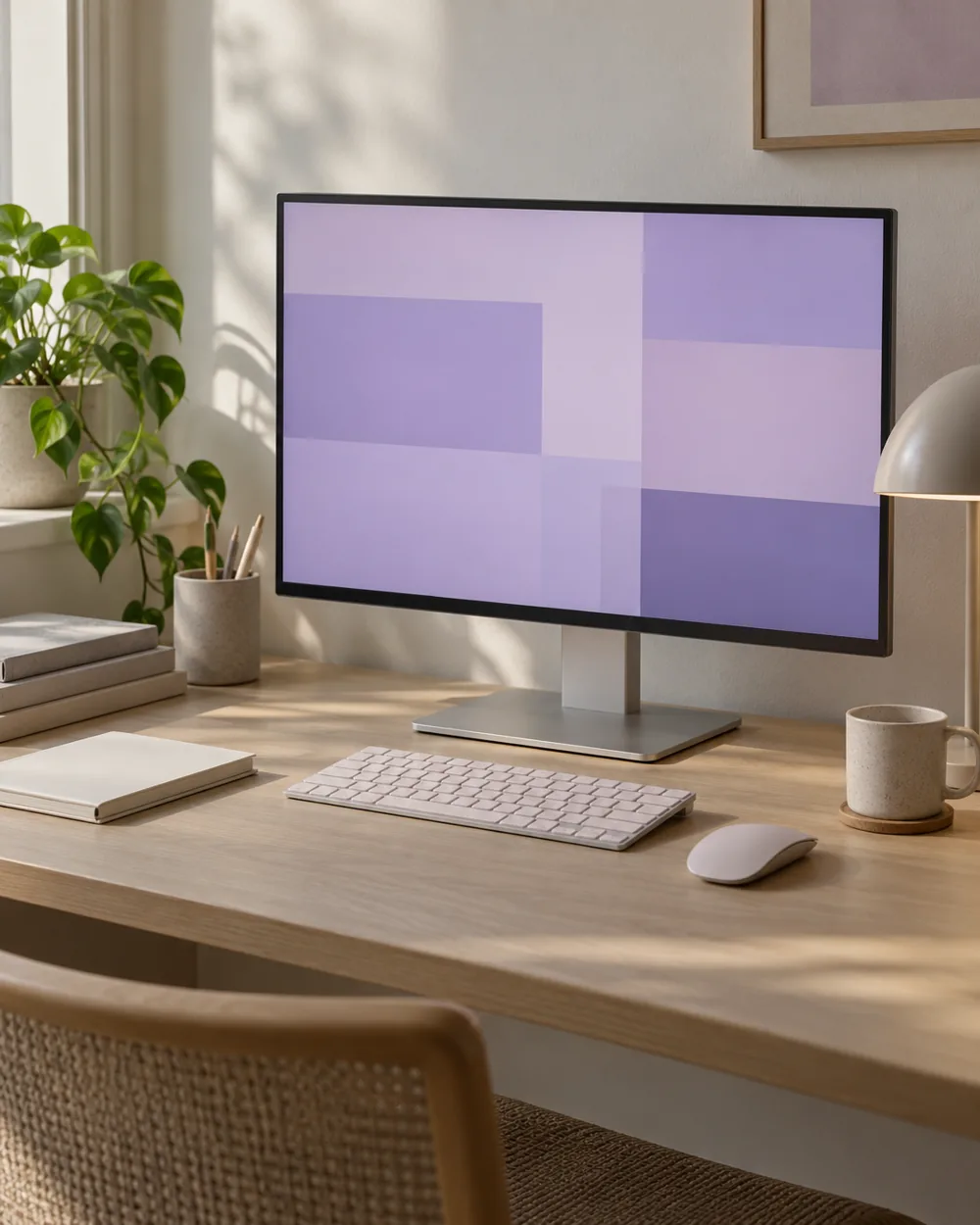 plain monitor showing abstract lilac tiles beside plain solid neutral accessories