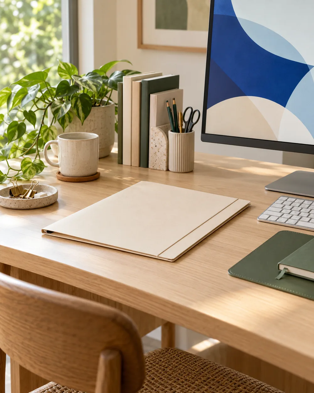 plain closed instruction folder beside desk accessories