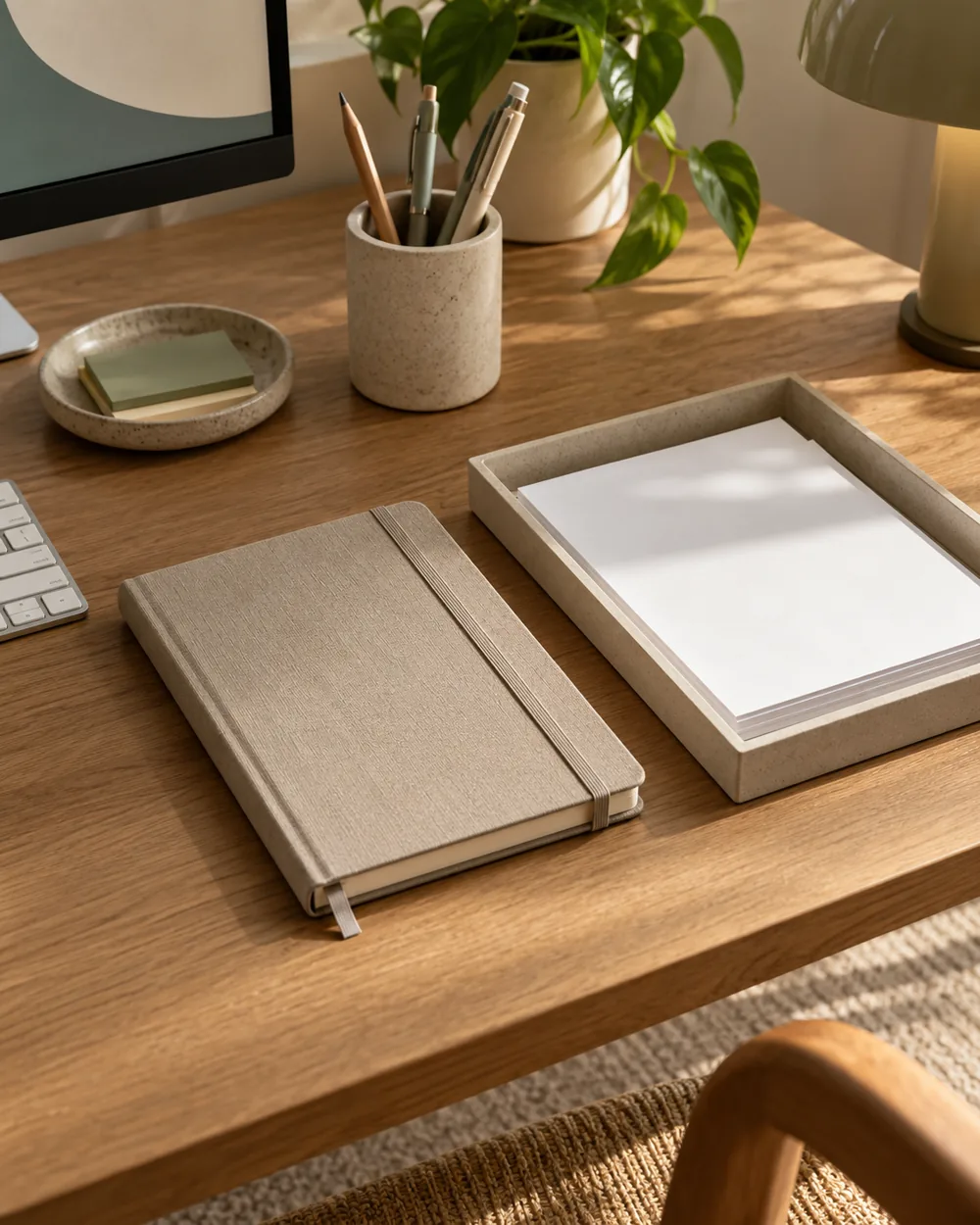 closed neutral notebook beside blank loose sheets in shallow tray