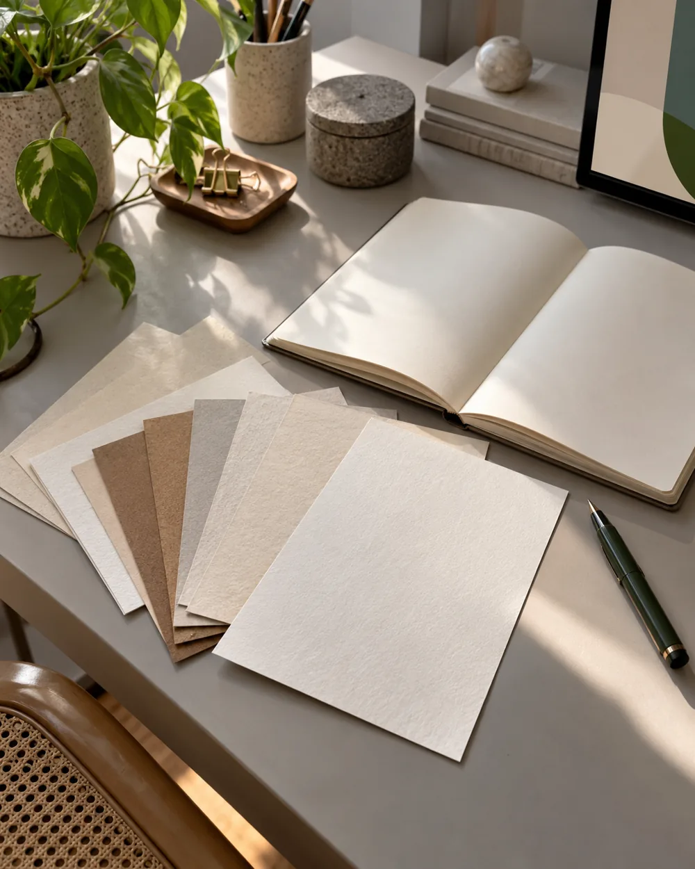 plain paper texture samples beside open blank notebook