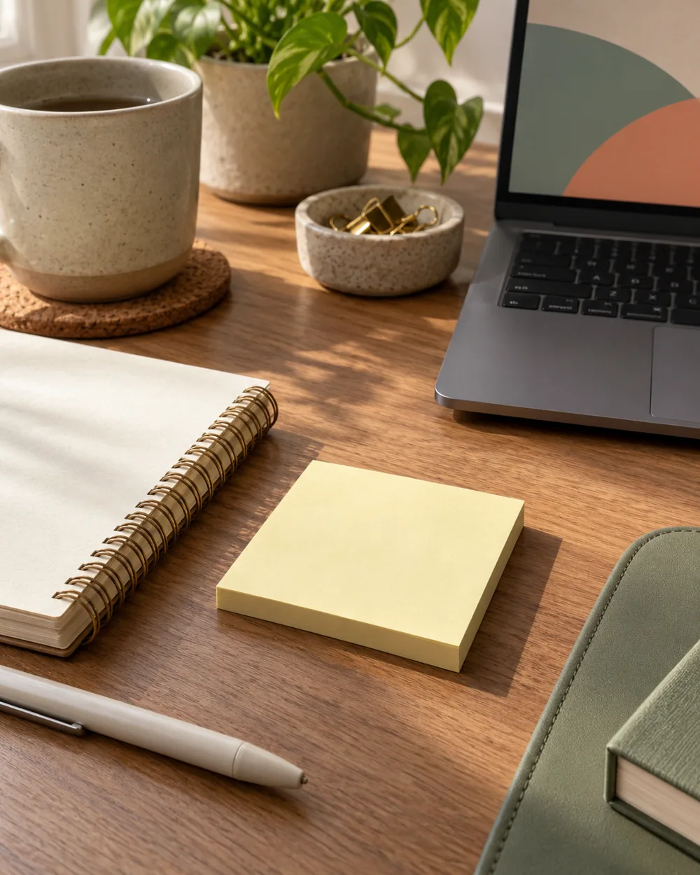 one small plain blank sticky note pad beside notebook on desk