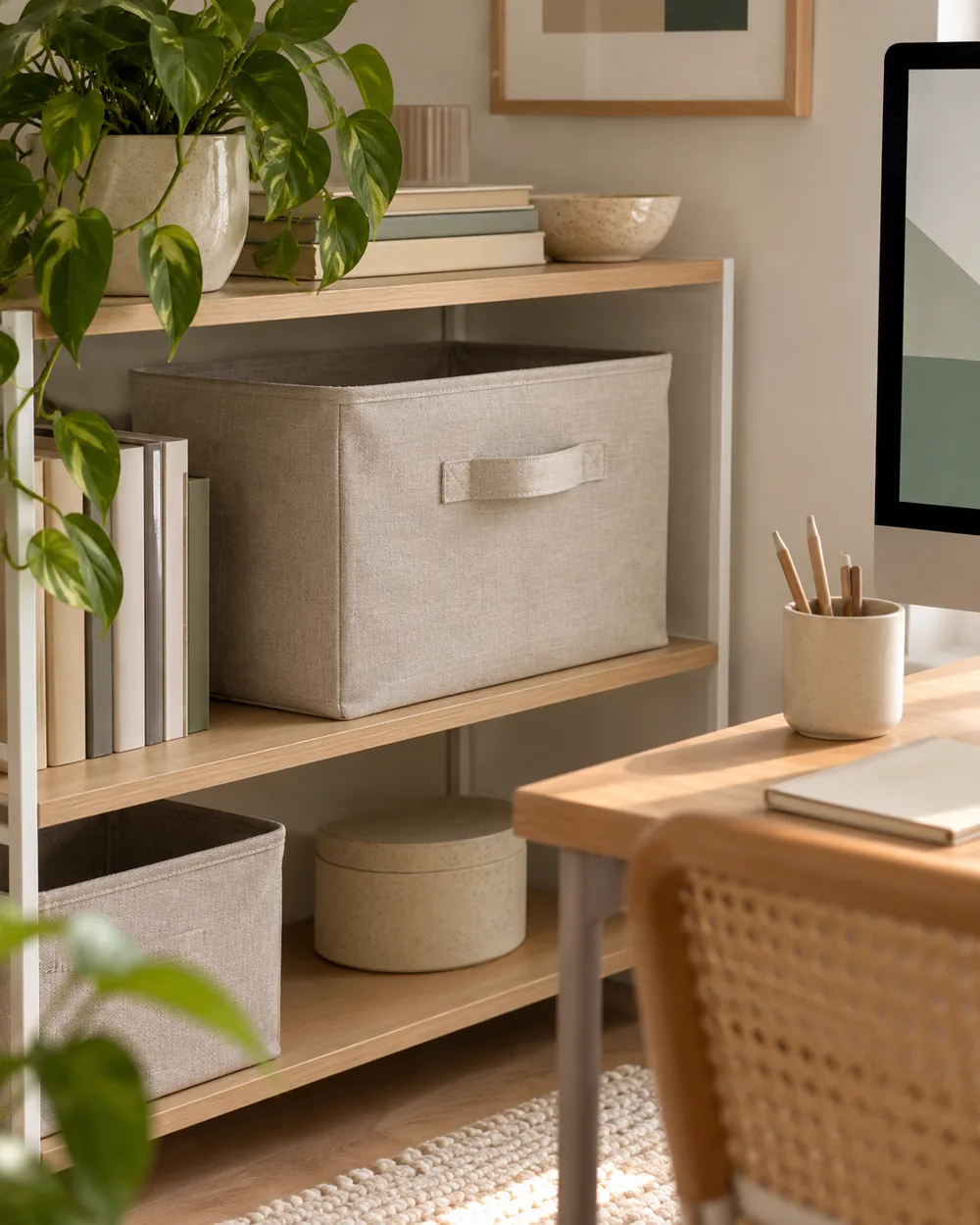 plain fabric storage bin with visible handle on simple open shelf
