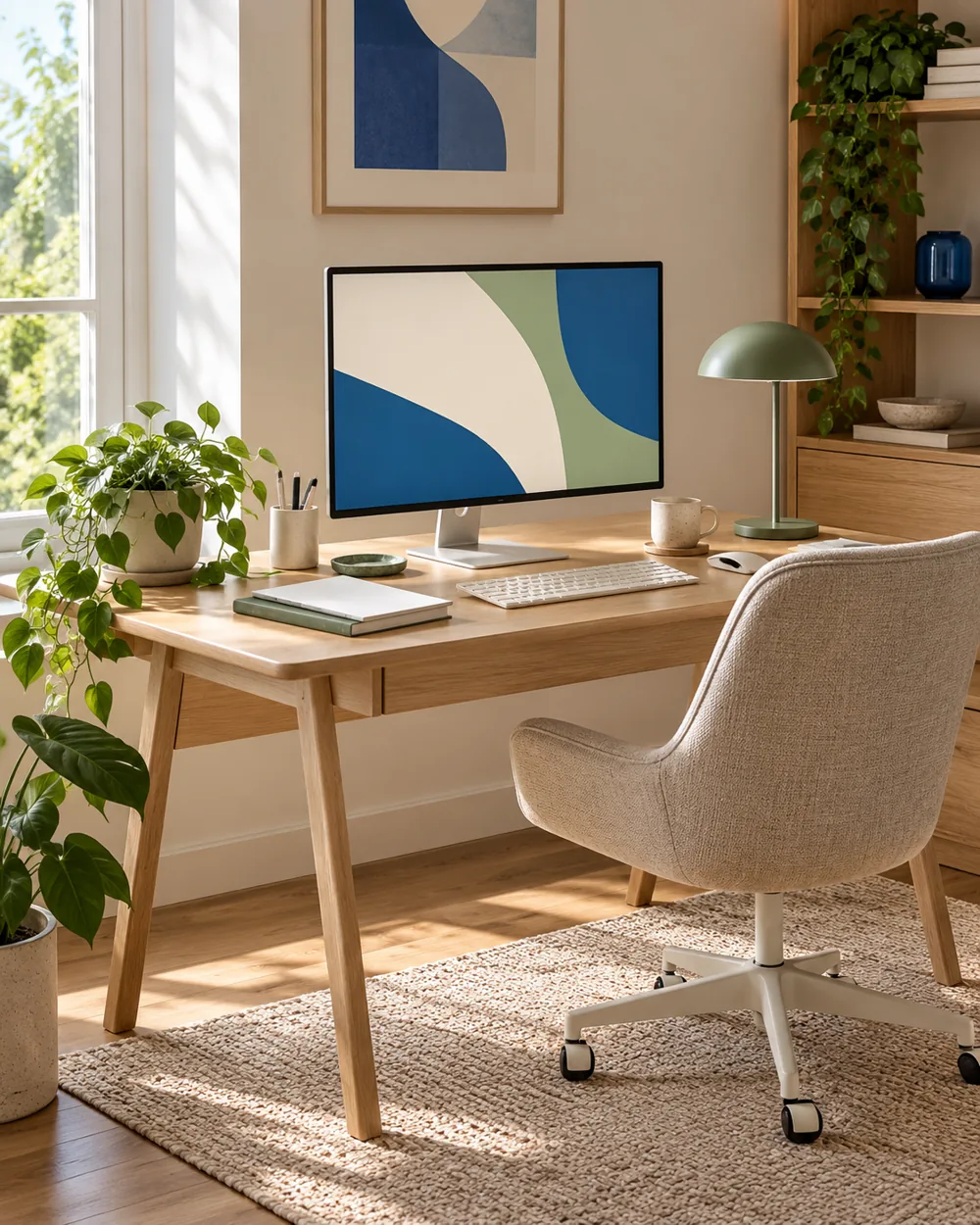 small desk seen at slight side angle, clear space behind plain monitor
