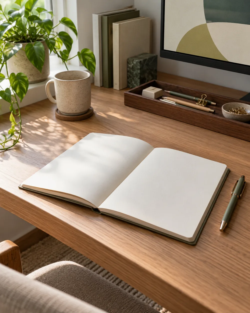 open blank notebook near clear front edge of desk with pen tray farther back