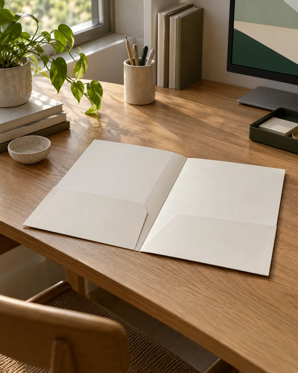 open blank paper folder on broad oak desk with clear adjacent space