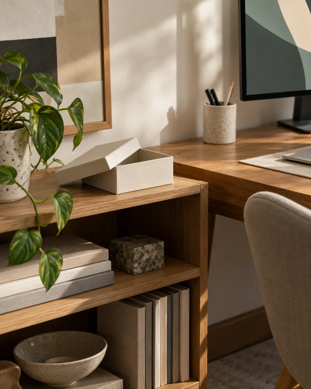small plain box with lifted lid on low open shelf beside desk