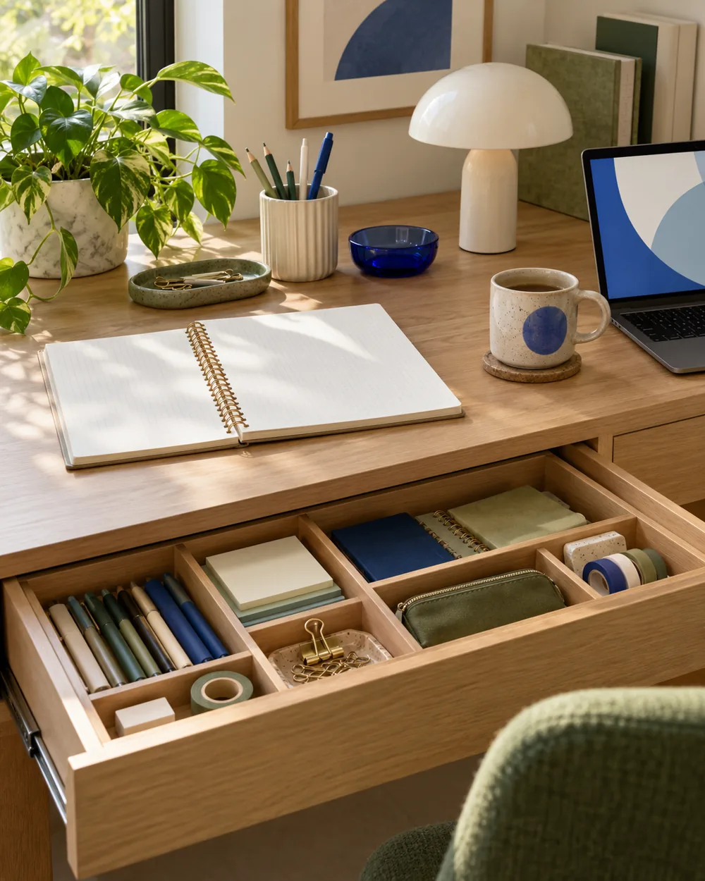 open organized desk drawer beside blank grid notebook