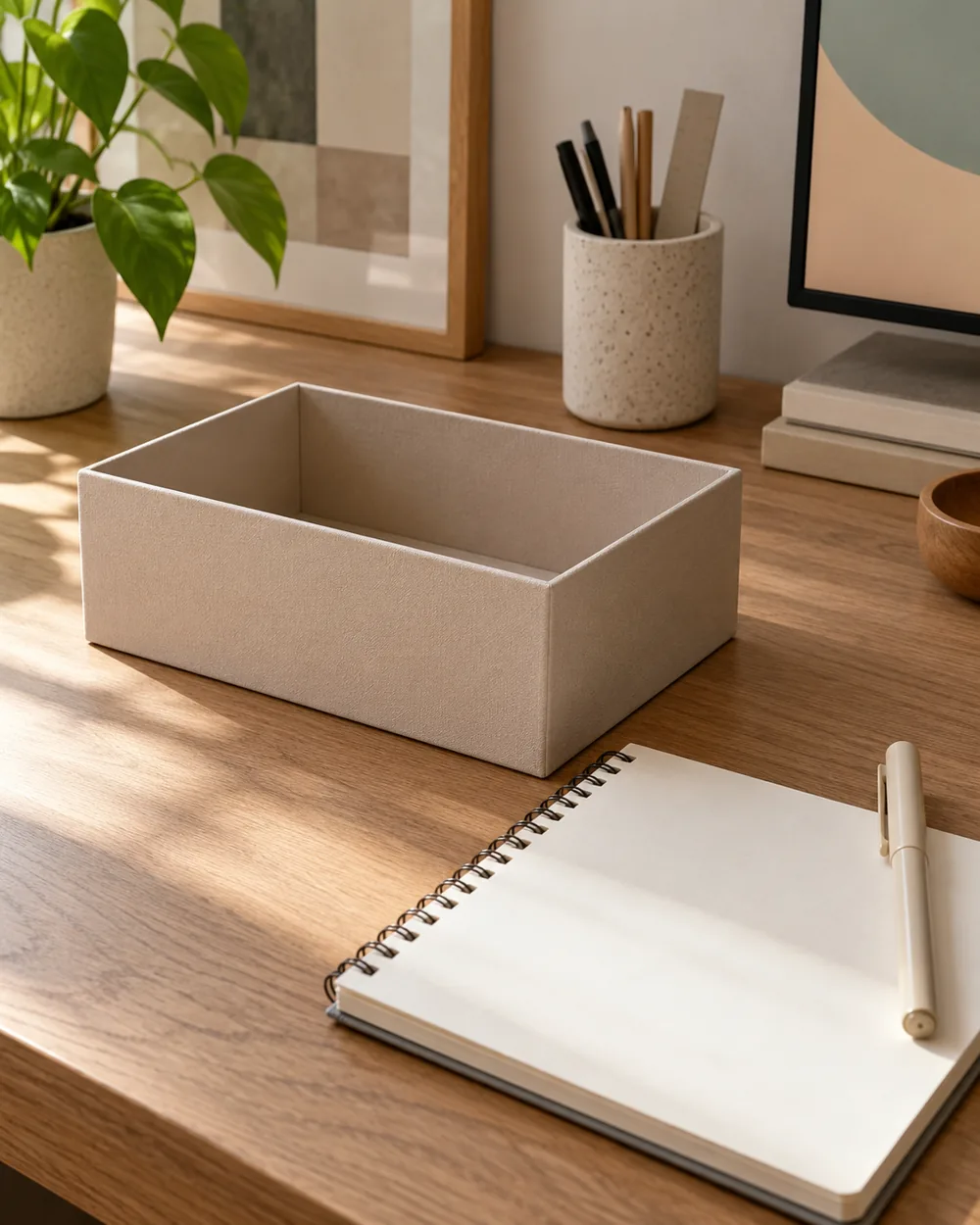 plain empty storage box beside notebook and capped pen on desk