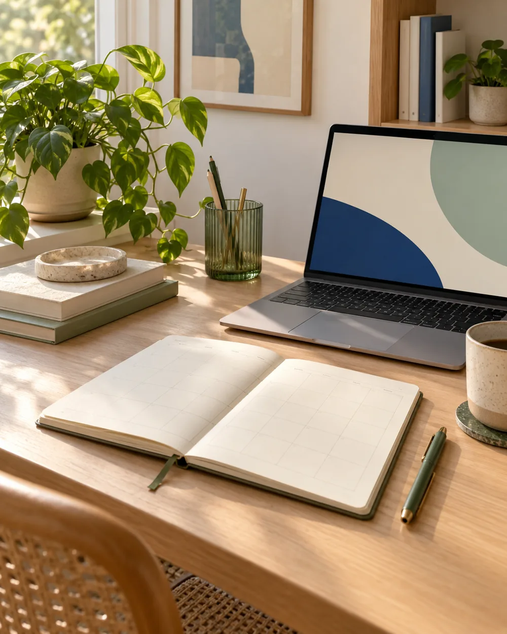 blank monthly grid notebook beside plain laptop abstract screen