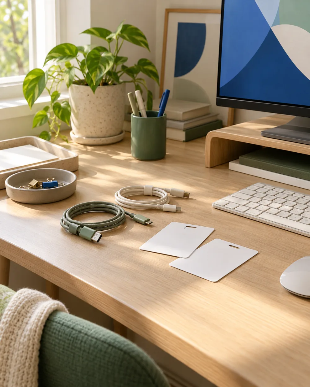 unplugged ordinary cables beside blank identification cards on desk