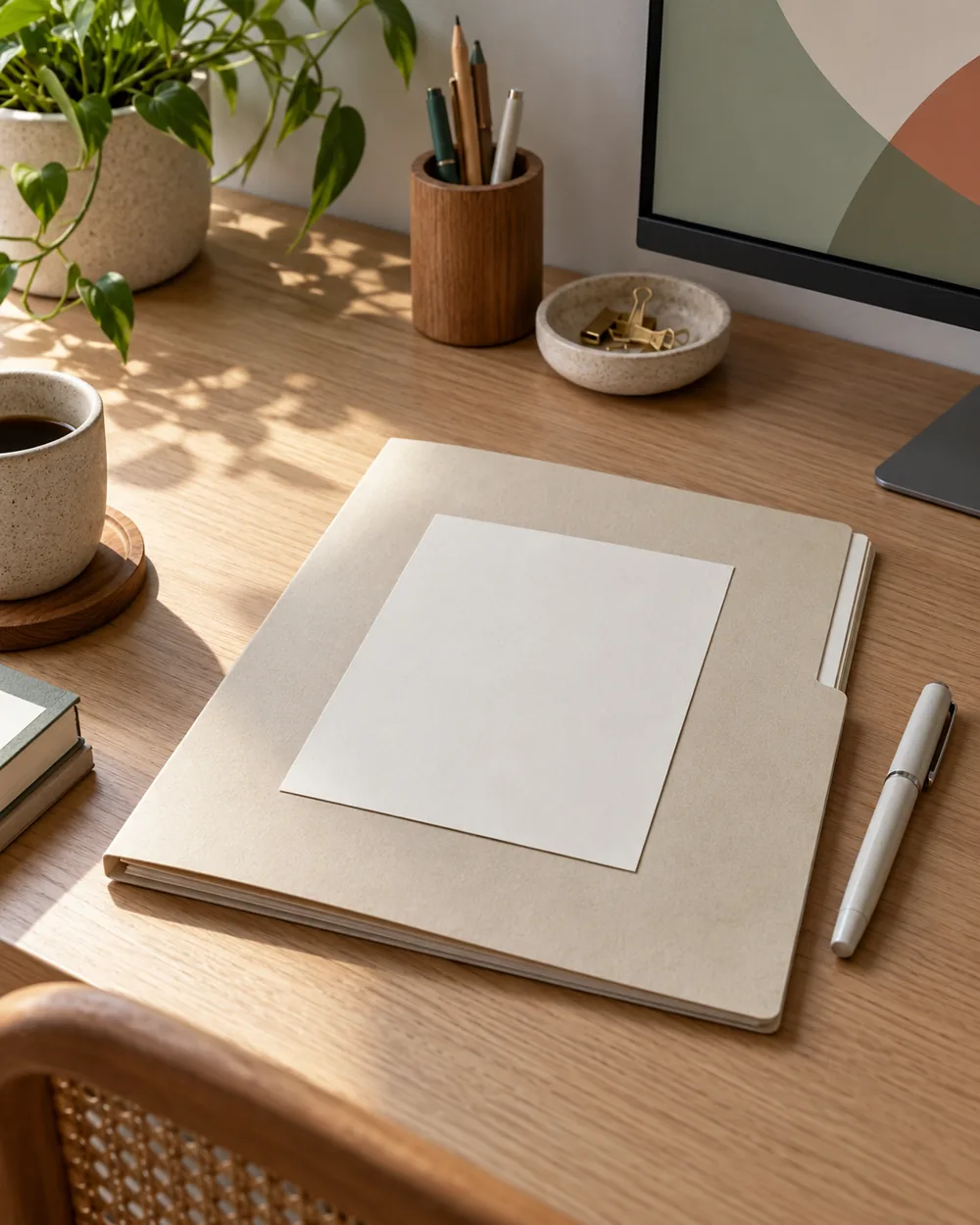 plain neutral folder with blank cover card and capped pen