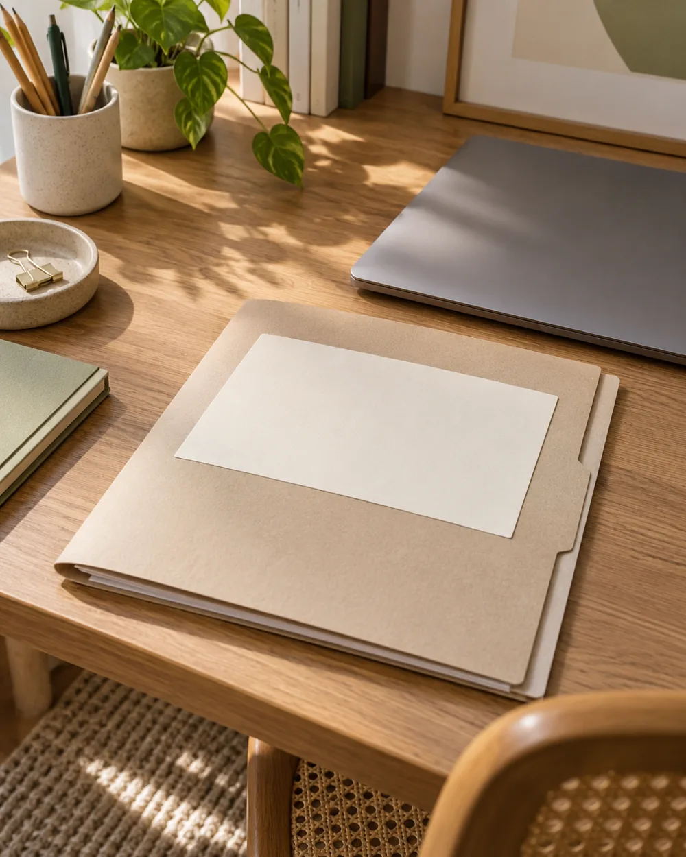 plain folder with blank cover card beside closed laptop