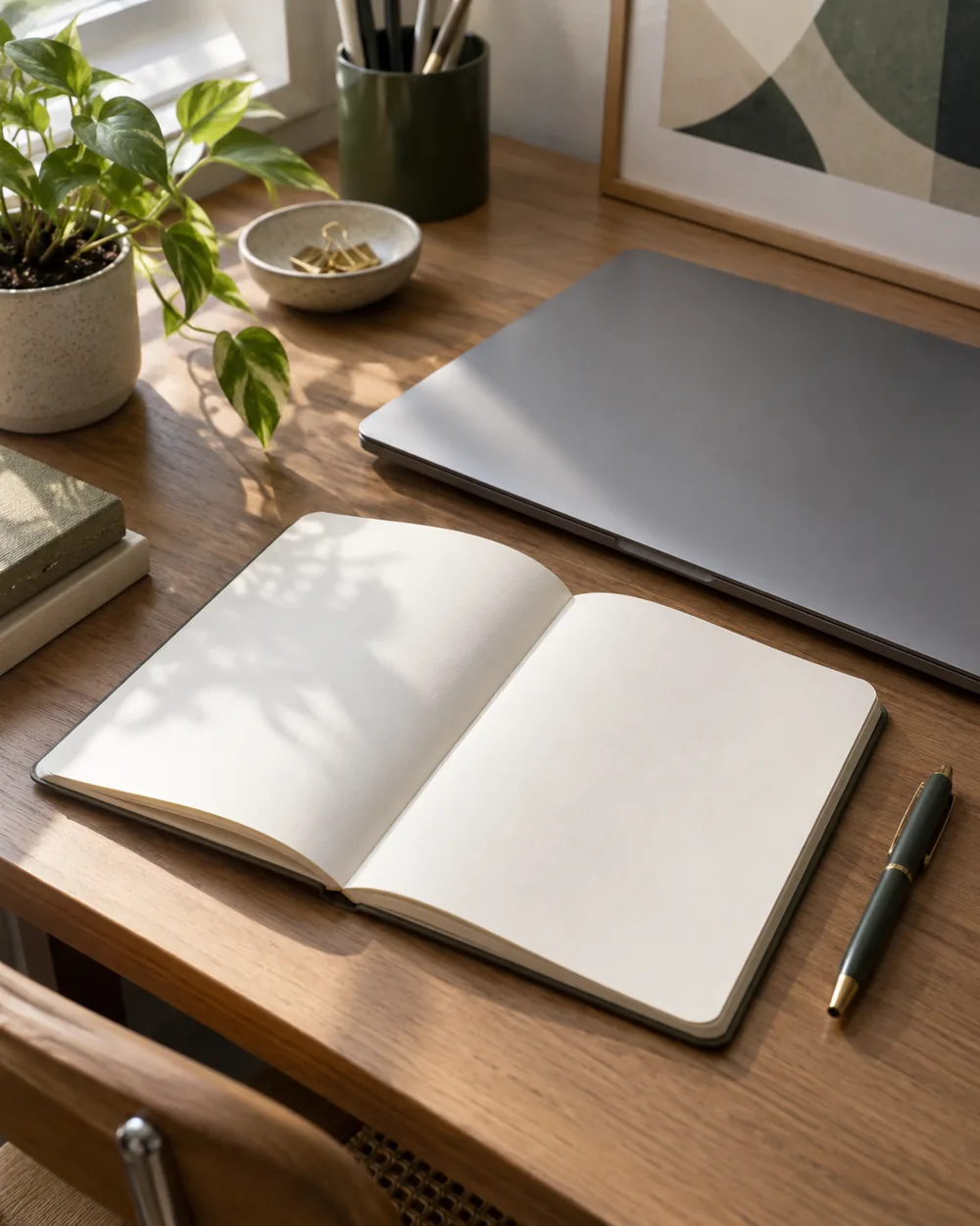 blank image index notebook beside plain closed laptop